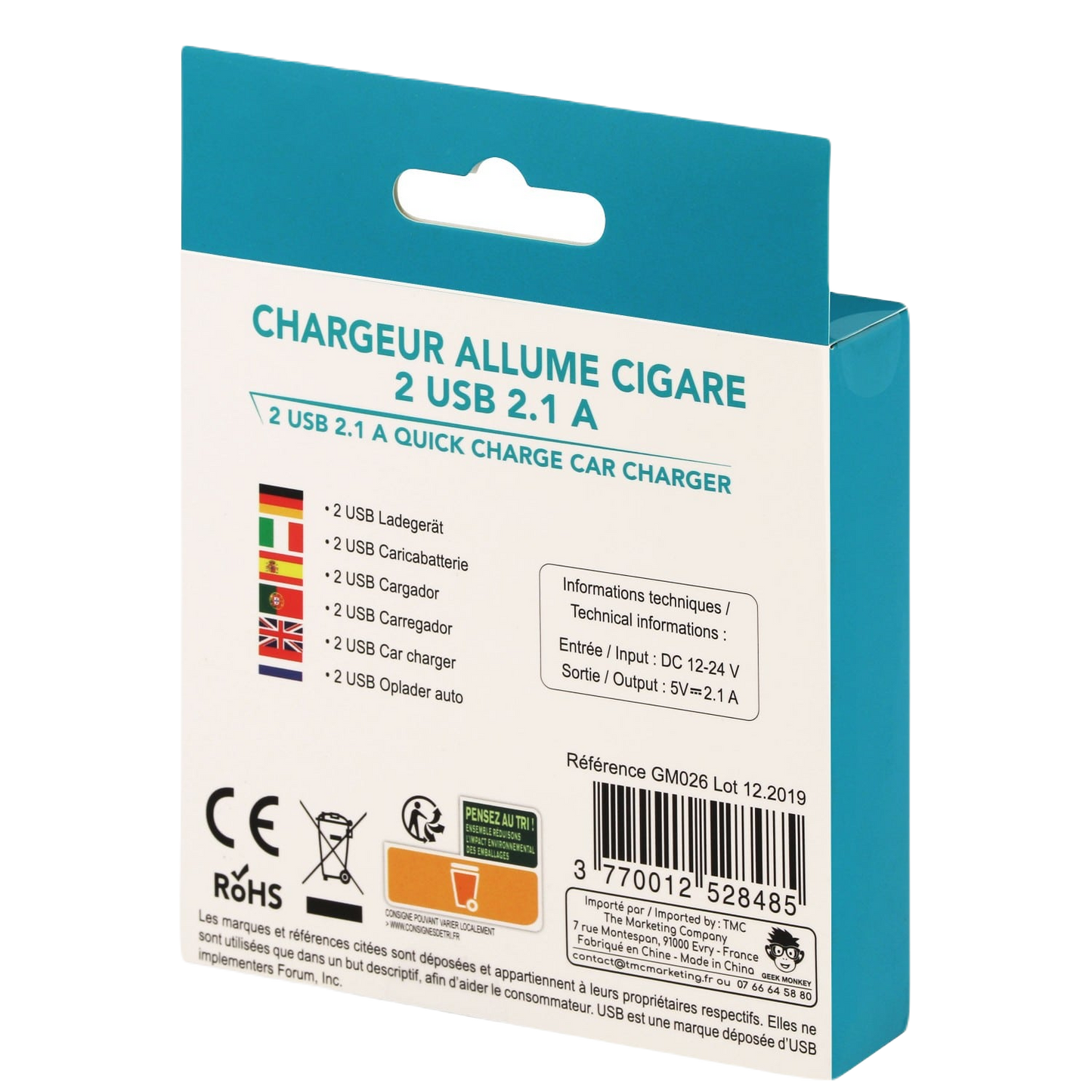 Chargeur allume-cigare 1 USB GEEK MONKEY