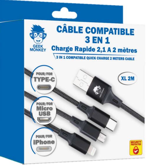Câble XL compatible 3 in 1 Micro USB / Iphone / Type C