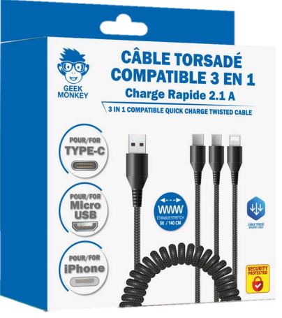 Câble 3 en 1 torsadé GEEK MONKEY