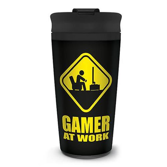 Gamer At Work - Caution Sign Metal Travel Mug 450ml