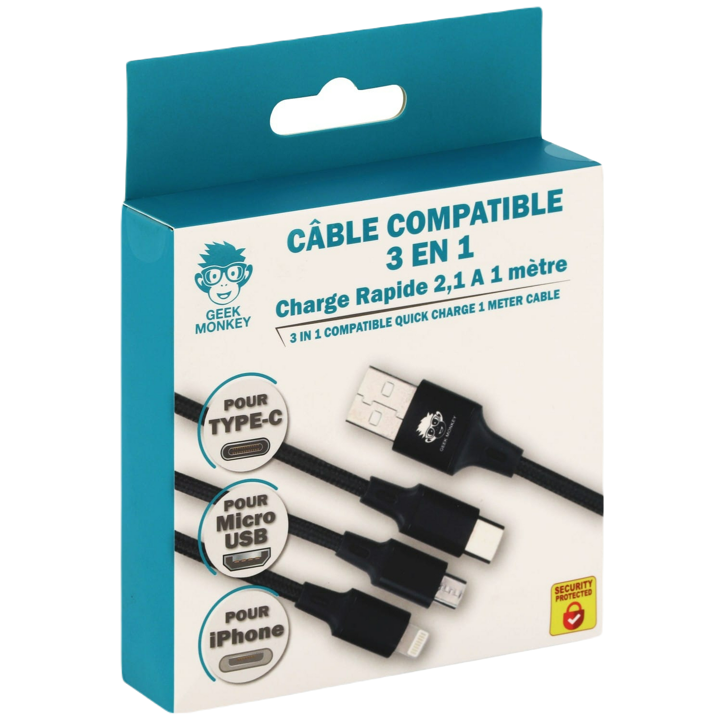Câble compatible 3 in 1 Micro USB / Iphone / Type C GEEK MONKEY