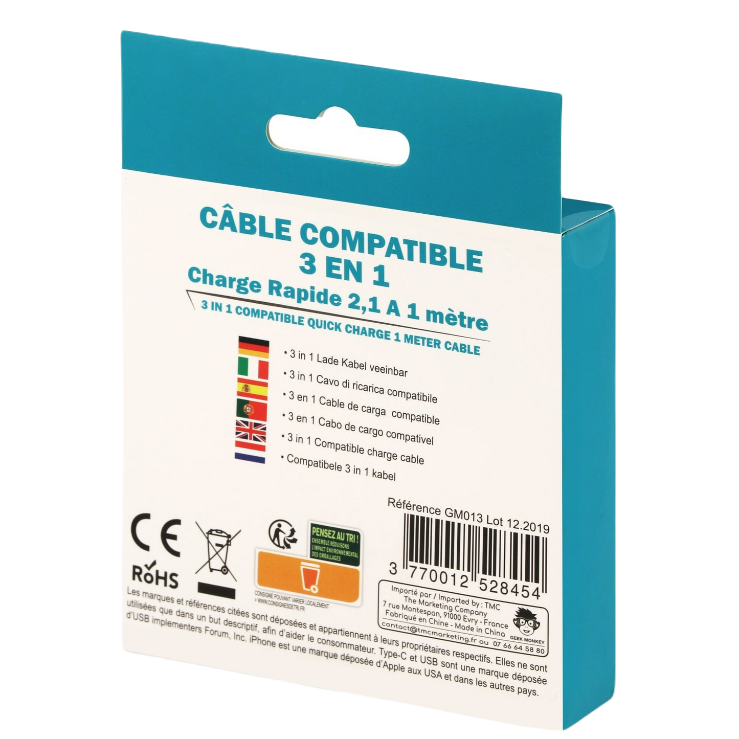 Câble compatible 3 in 1 Micro USB / Iphone / Type C GEEK MONKEY